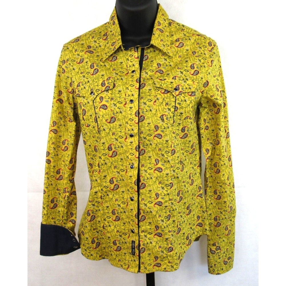 Rodeo Carte Pearl Snap Western Shirt Yellow Paisley Black Pearl Snaps SZ M